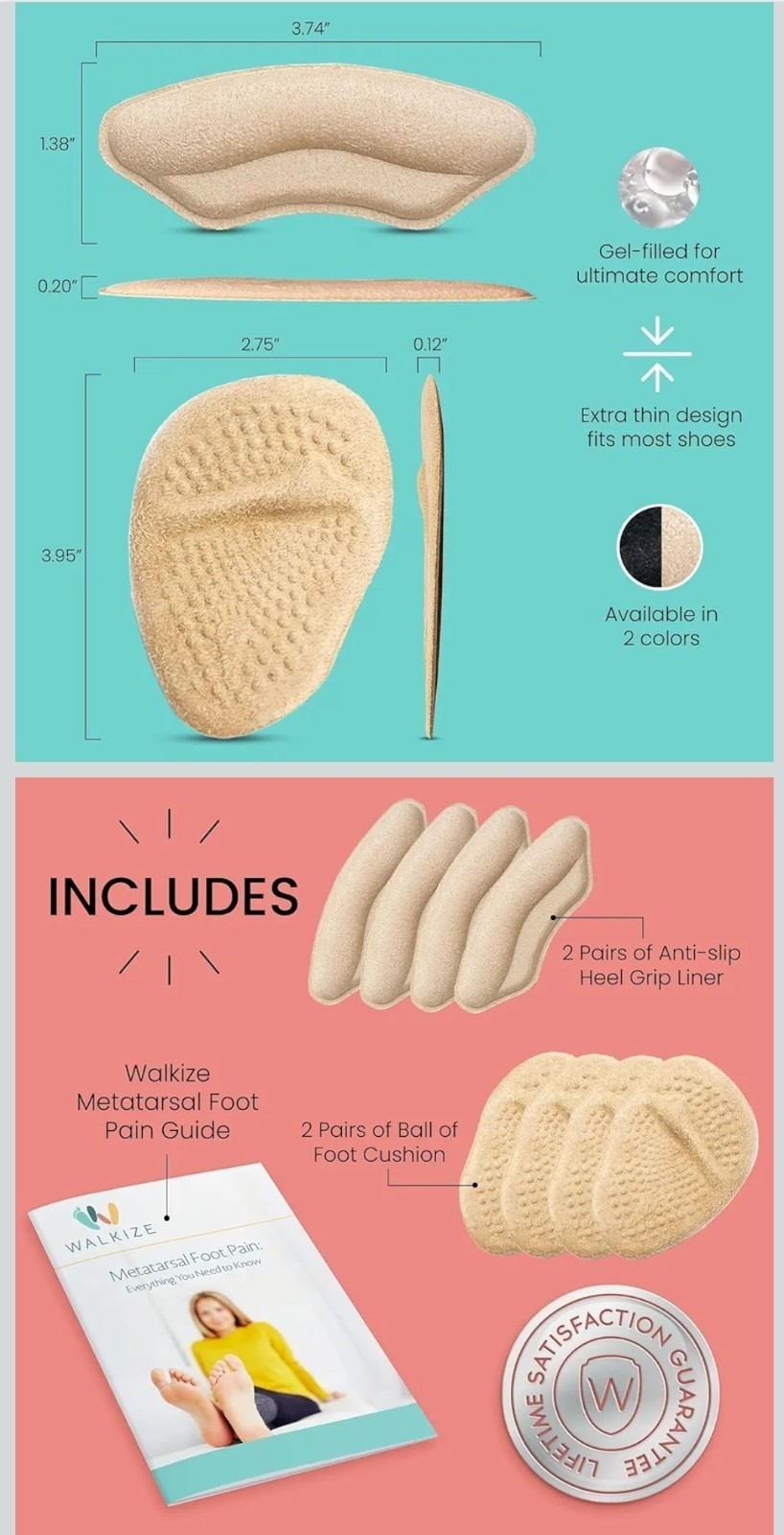 8 PAIRS-Walkize Gel-Filled Ball of Foot Cushions with Anti-Slip Heel Grip Liners