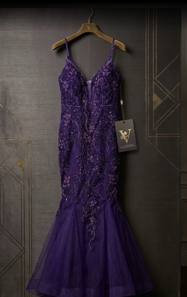 Women’s Purple Long Tulle Mermaid Formal Dress V-Neck Spaghetti Strap S