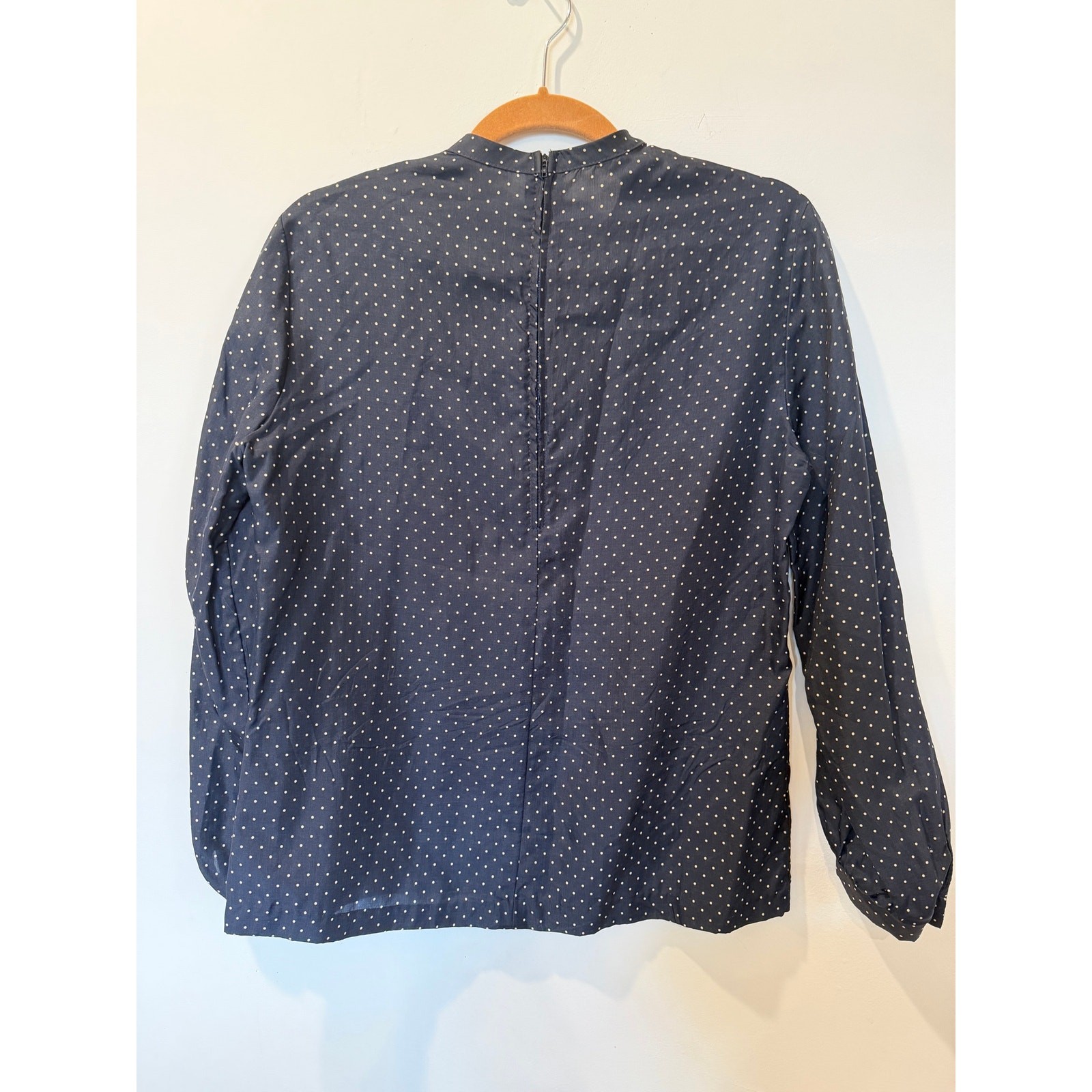 Vtg LANVIN womens navy white polka dot blouse 10 back zip classic old money