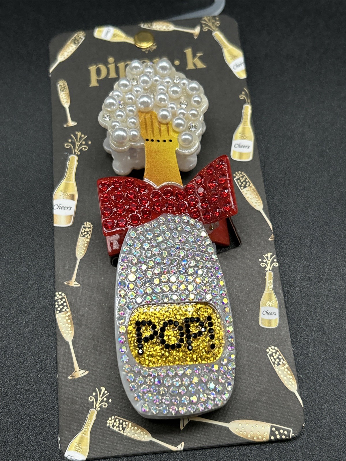 Piper K “Pop” Champagne Bottle Crystal Sequin Beaded Hair Clip Claw New Cute