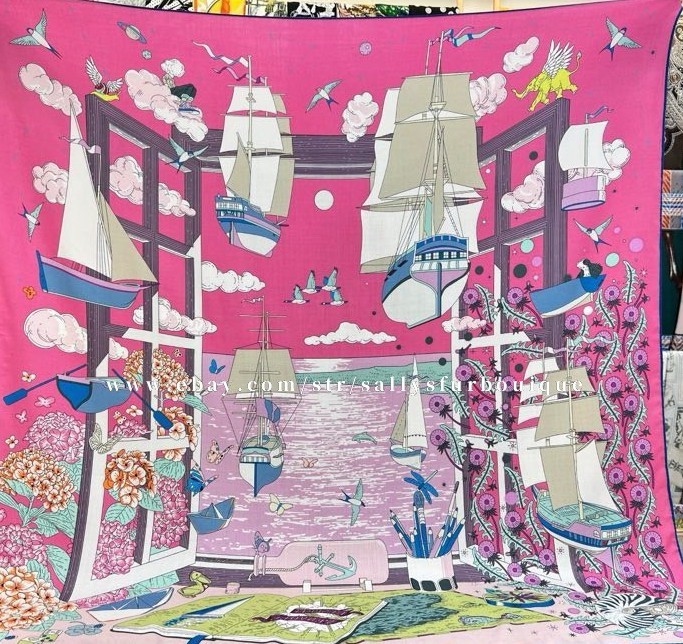 Sallys 70% Cashmere & 30% Silk Wrap Scarf Boat Print Double Face Shawl 53″ Pink