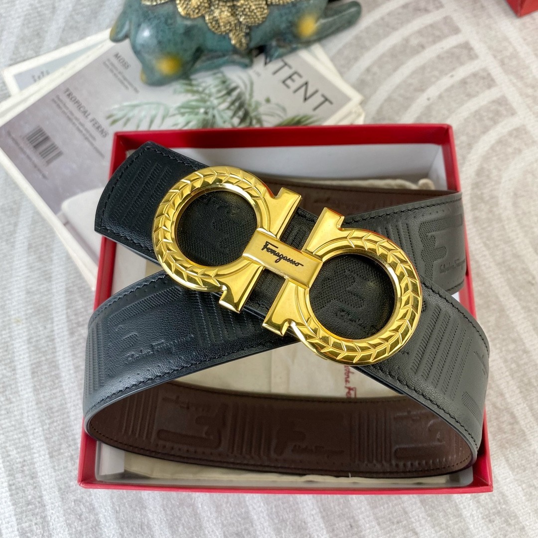 Ferragamo Handcrafted Leather Belt Reversible width 3.8cm/1.5inch Gold Buckle