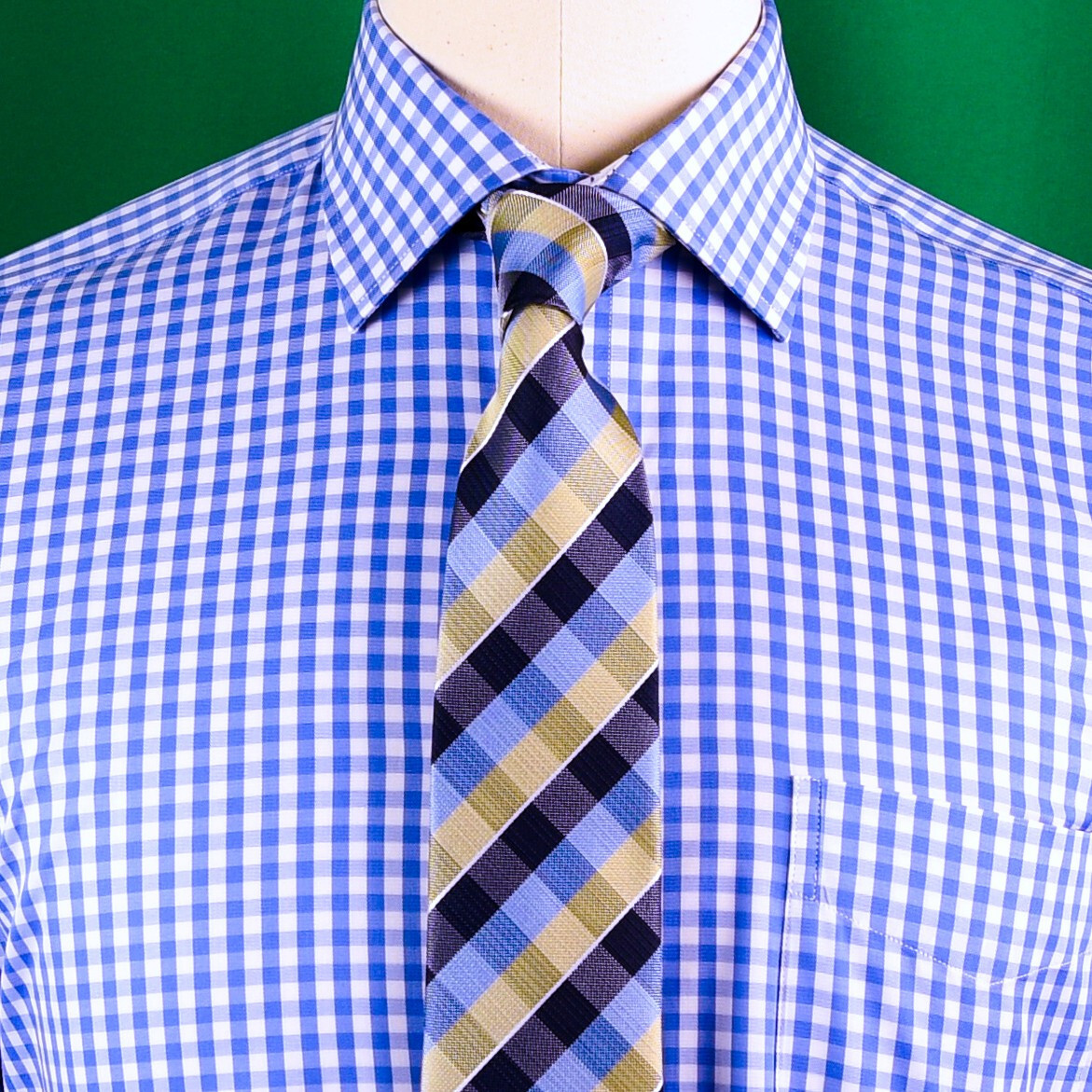 Blue Gingham Check Formal SLIM Dress Shirt Subtle Plaids Windmill inner lining