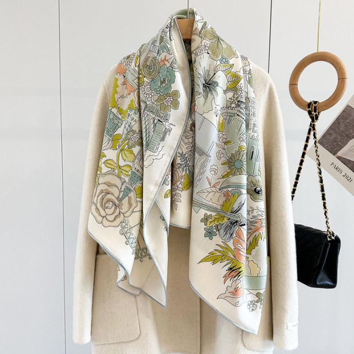 70% Cashmere 30% Silk Wrap Scarf Green garden Print Double Face Print Shawl 53”