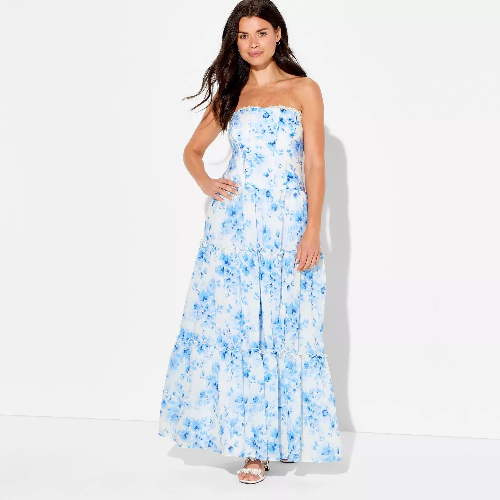 Women Strapless Tiered Corset Maxi Dress – Wild Fable White Floral M