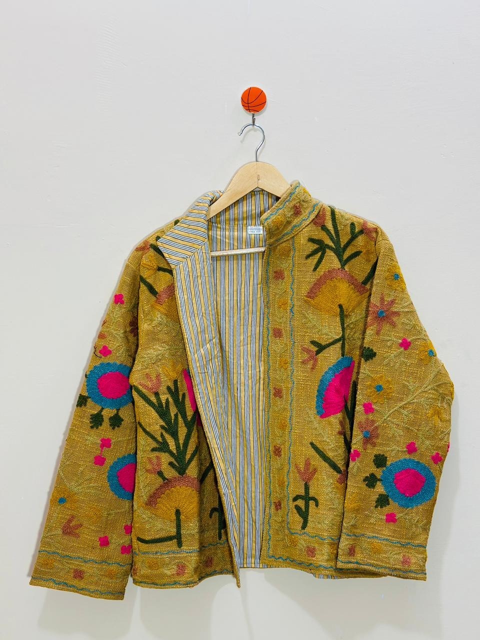Yellow Floral Cotton Suzani Jacket Handmade Embroidered Festival Coat & Jackets