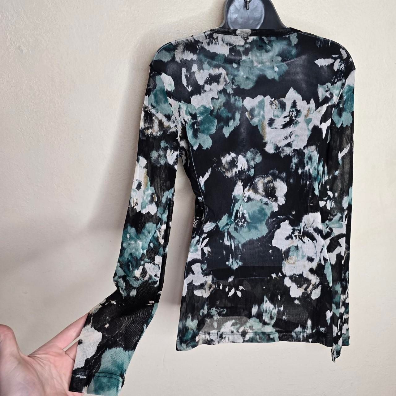 Karen Kane Abstract Floral Sheer Mesh Rhinestone Accent Top