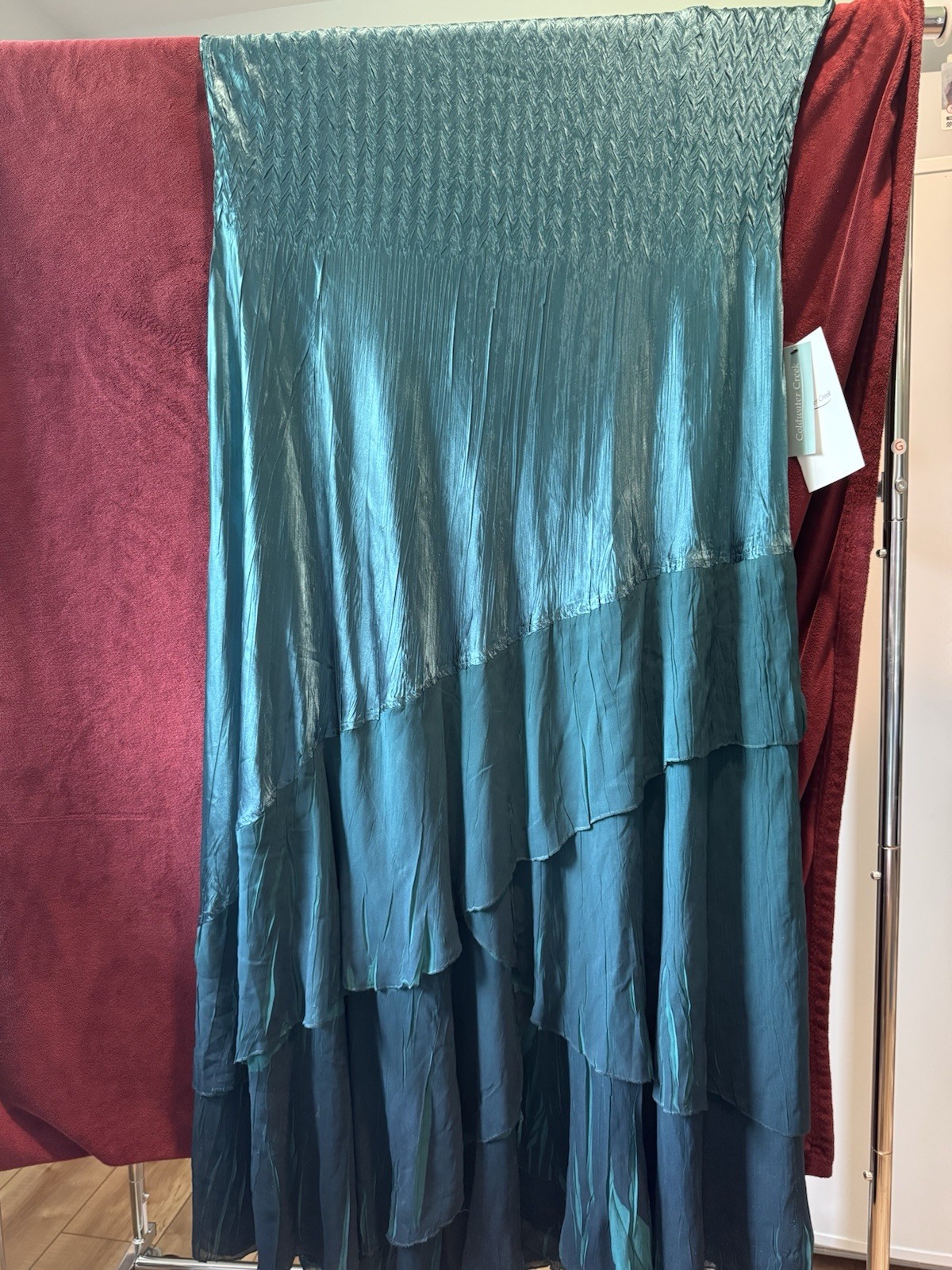 Komorav Green Satin Silk Beaded V-Neck Sleeveless Tiered Maxi Dress 3X
