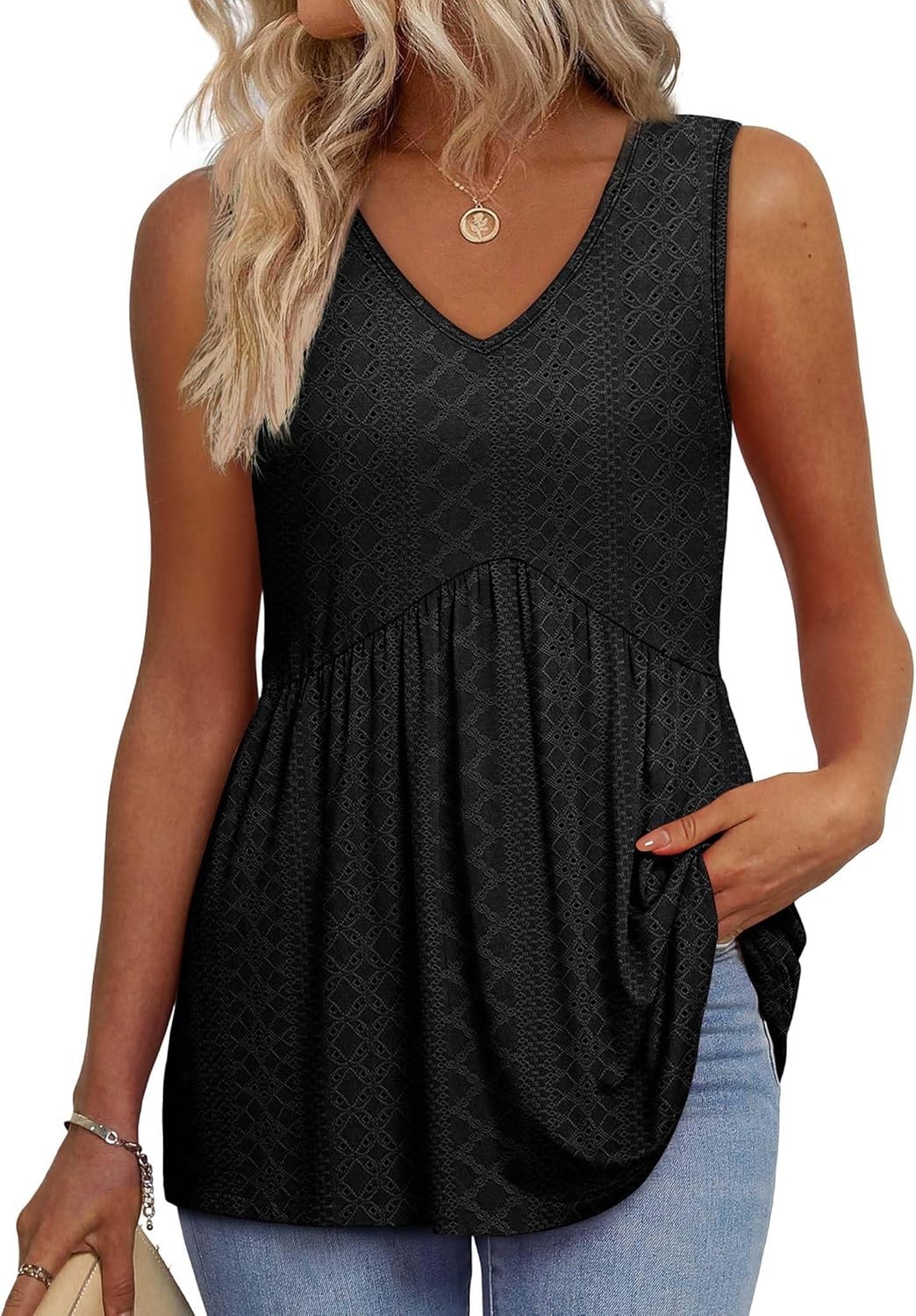 Womens Flowy Babydoll Tank Top Sleeveless V Neck Peplum Summer Casual Blouse
