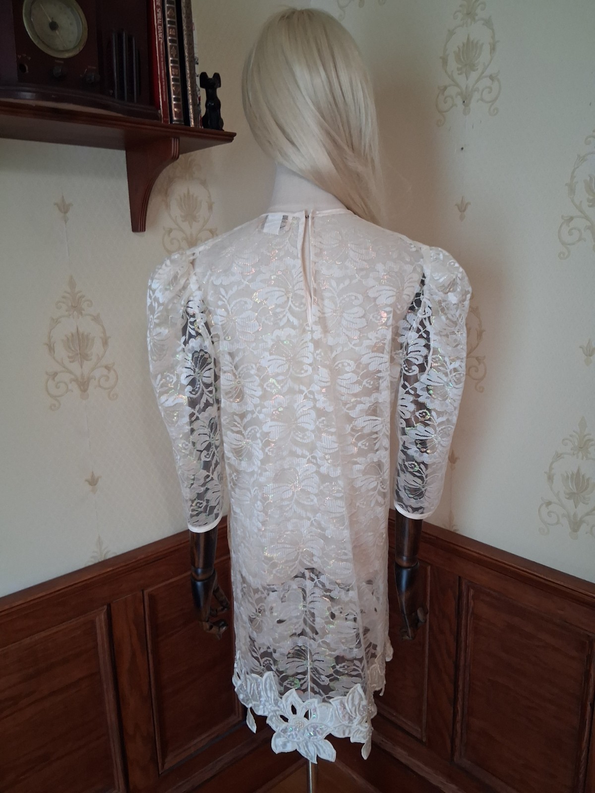 Vintage 1980s Desiree Ivory Sheer Iridescent Lace Romantic Coquette Mini-Dress