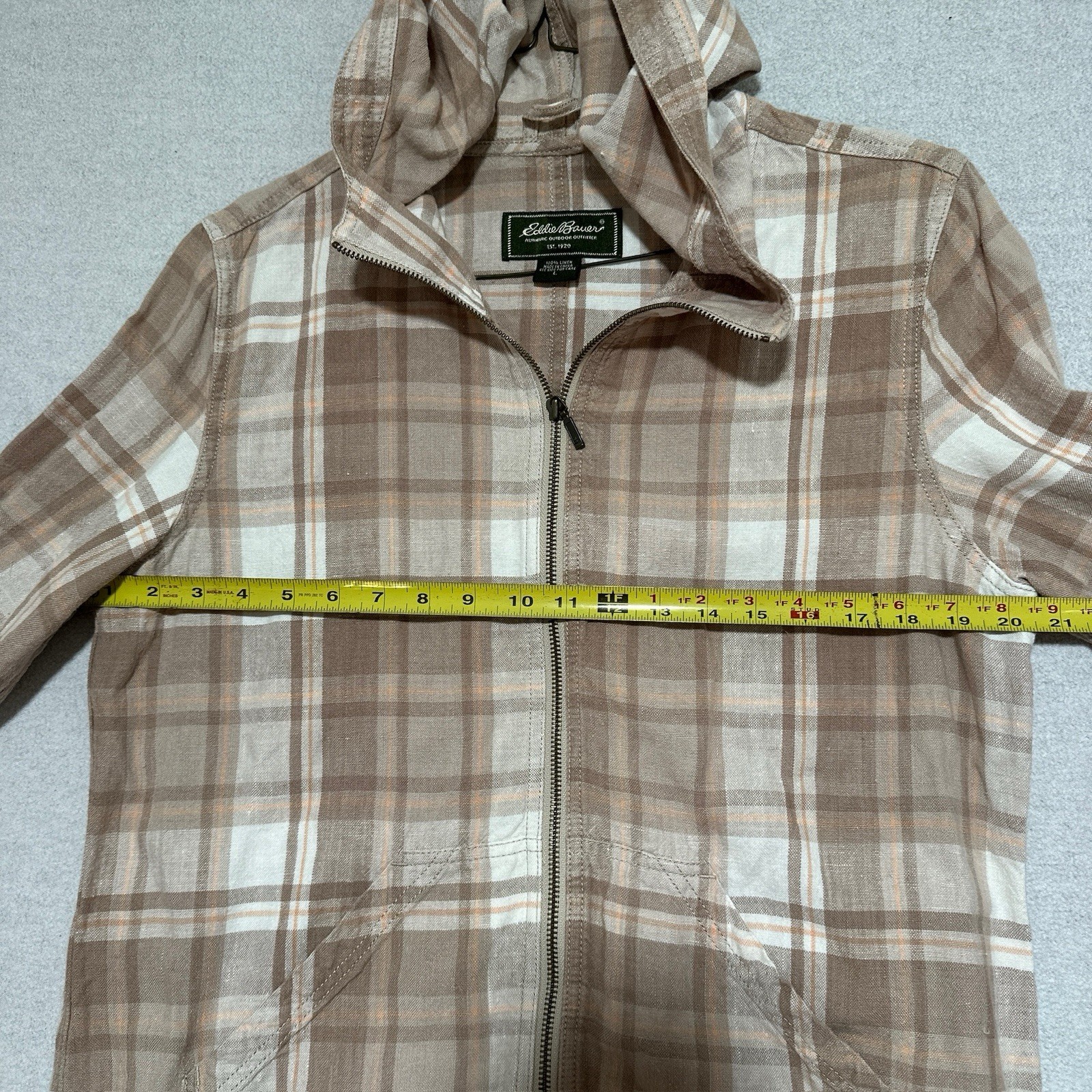 Eddie Bauer Women’s Plaid Hooded 100% Linen Full Zip Jacket Beige/White Large
