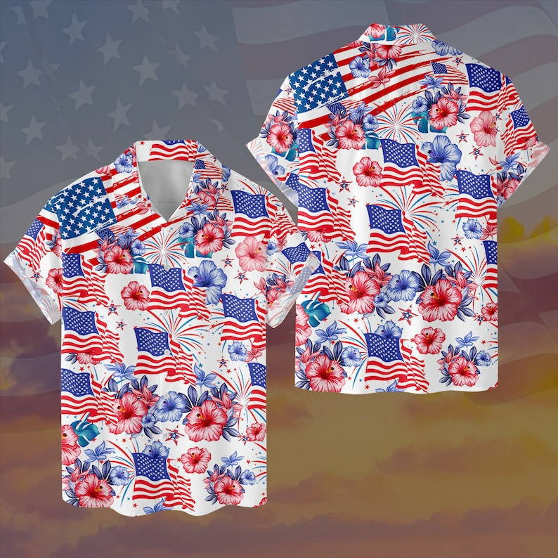Flower American Flag Trendy Hawaiian Shirts Patriotic 4Th Of July 1776 Button