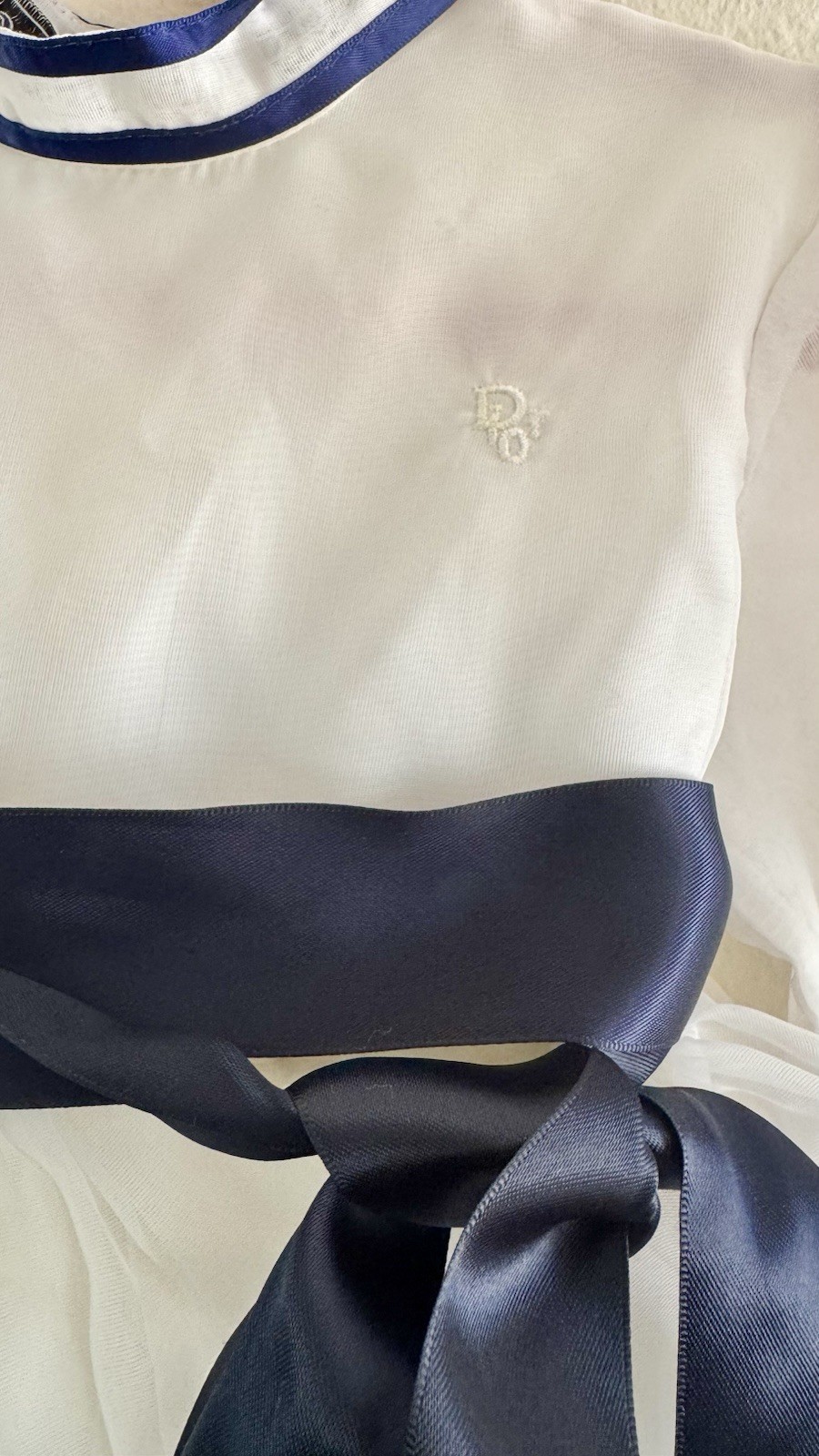 Christian Dior Girls 2T A-Line Dress White Navy Organza Puff Sleeve Bow Pleated