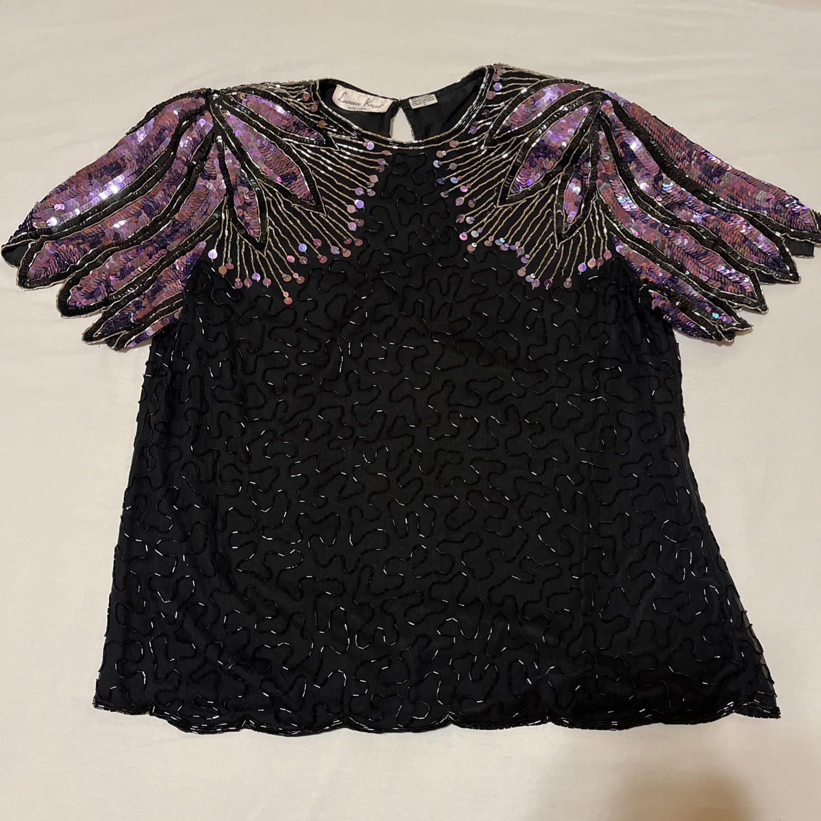 VINTAGE Laurence Kazar Women Blouse L Black Silk Beaded Sequin Wings 90s