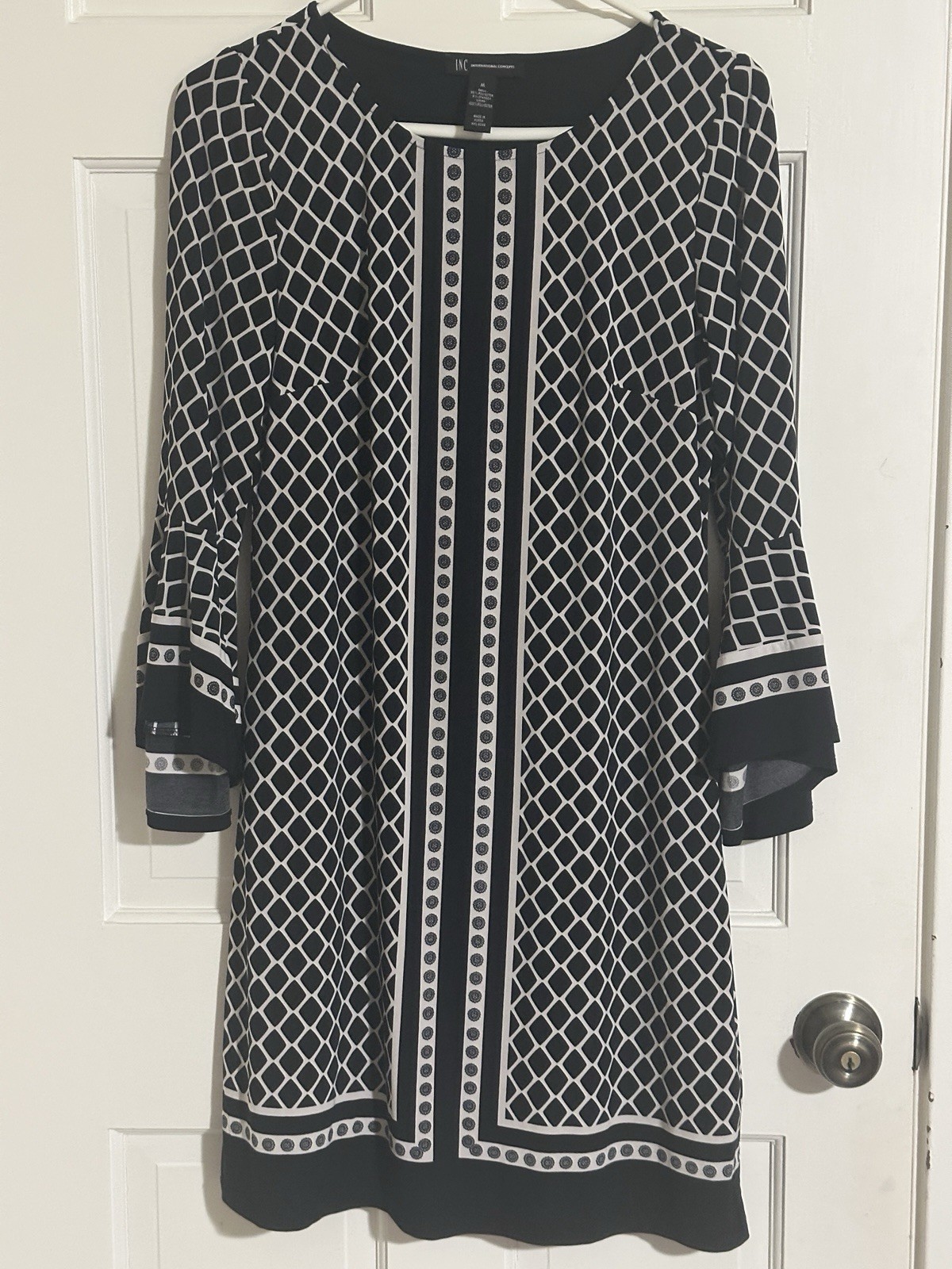 INC International Concepts Black/White Geometric Shift Dress 3/4 Sleeve M