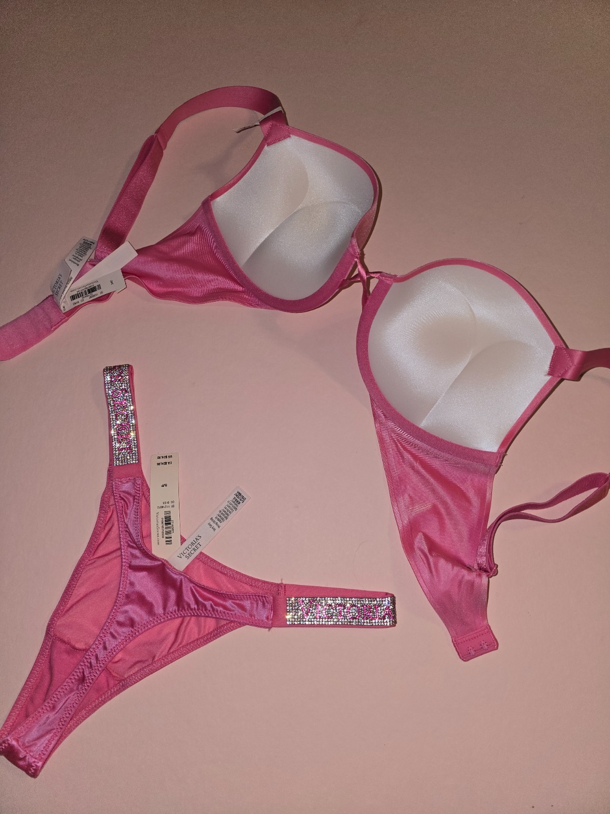 Victoria’s Secret Shine Strap Bombshell Push Up Bra Thong Set Rose Garden NWT