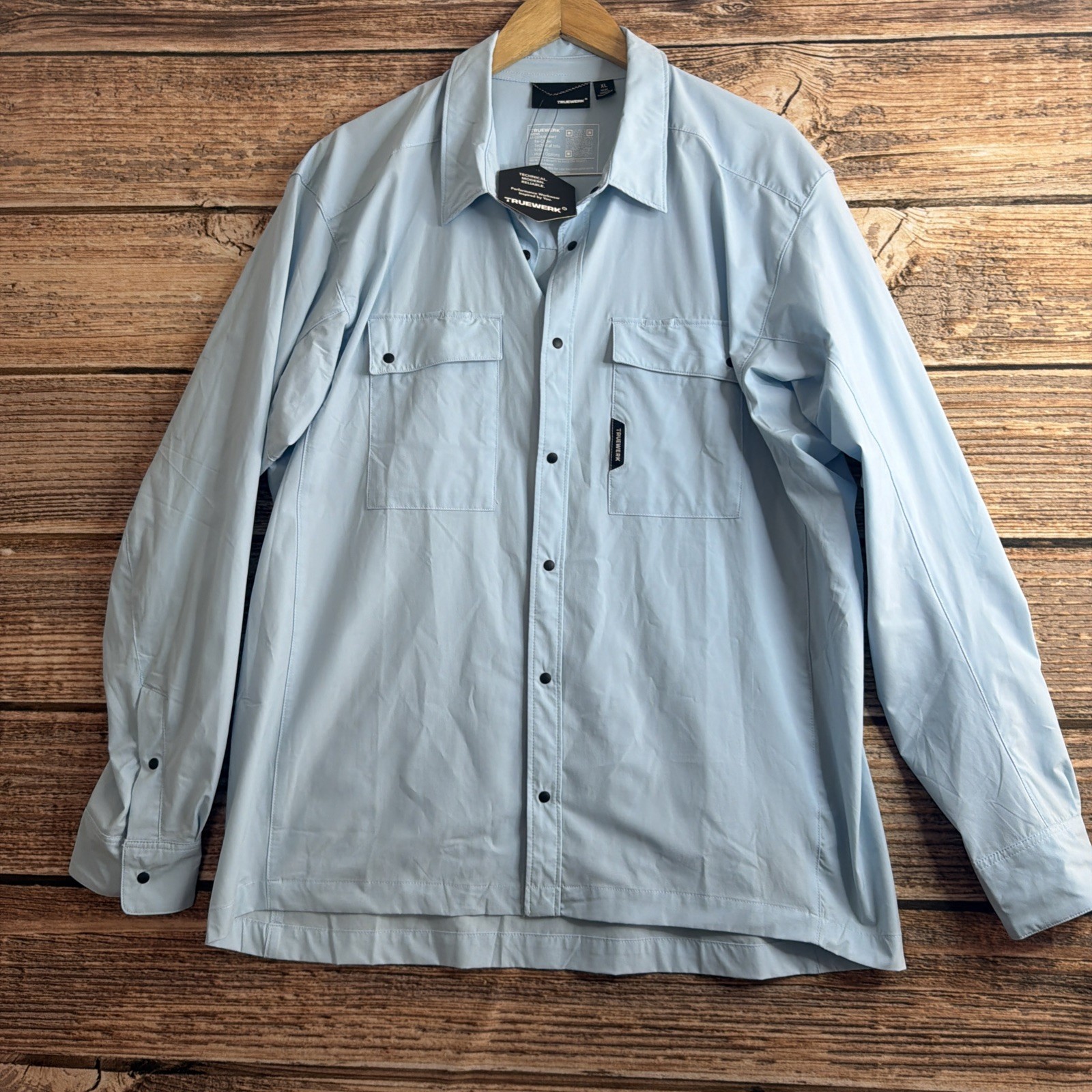 TRUEWERK CLOUD Mens XL Snap Front L/S Workwear Chest Pockets LIGHT BLUE Shirt