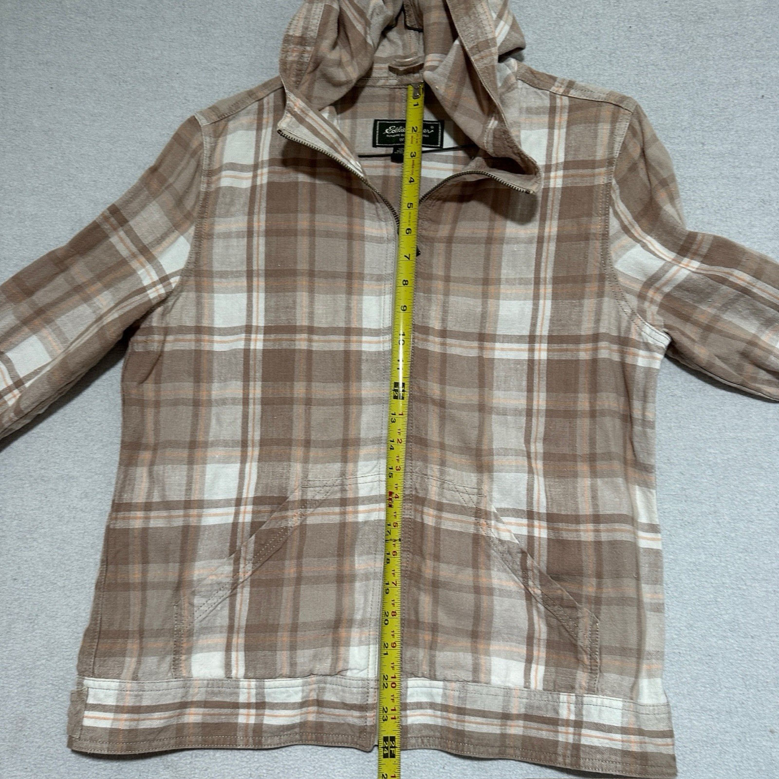 Eddie Bauer Women’s Plaid Hooded 100% Linen Full Zip Jacket Beige/White Large