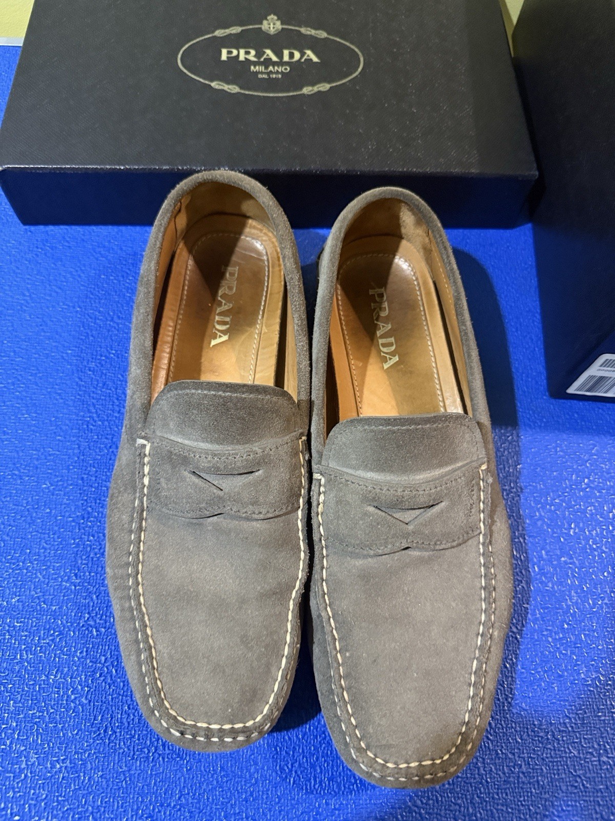 PRADA Men’s Gray Suede Slip-On Loafers Square Toe Logo US 10.5