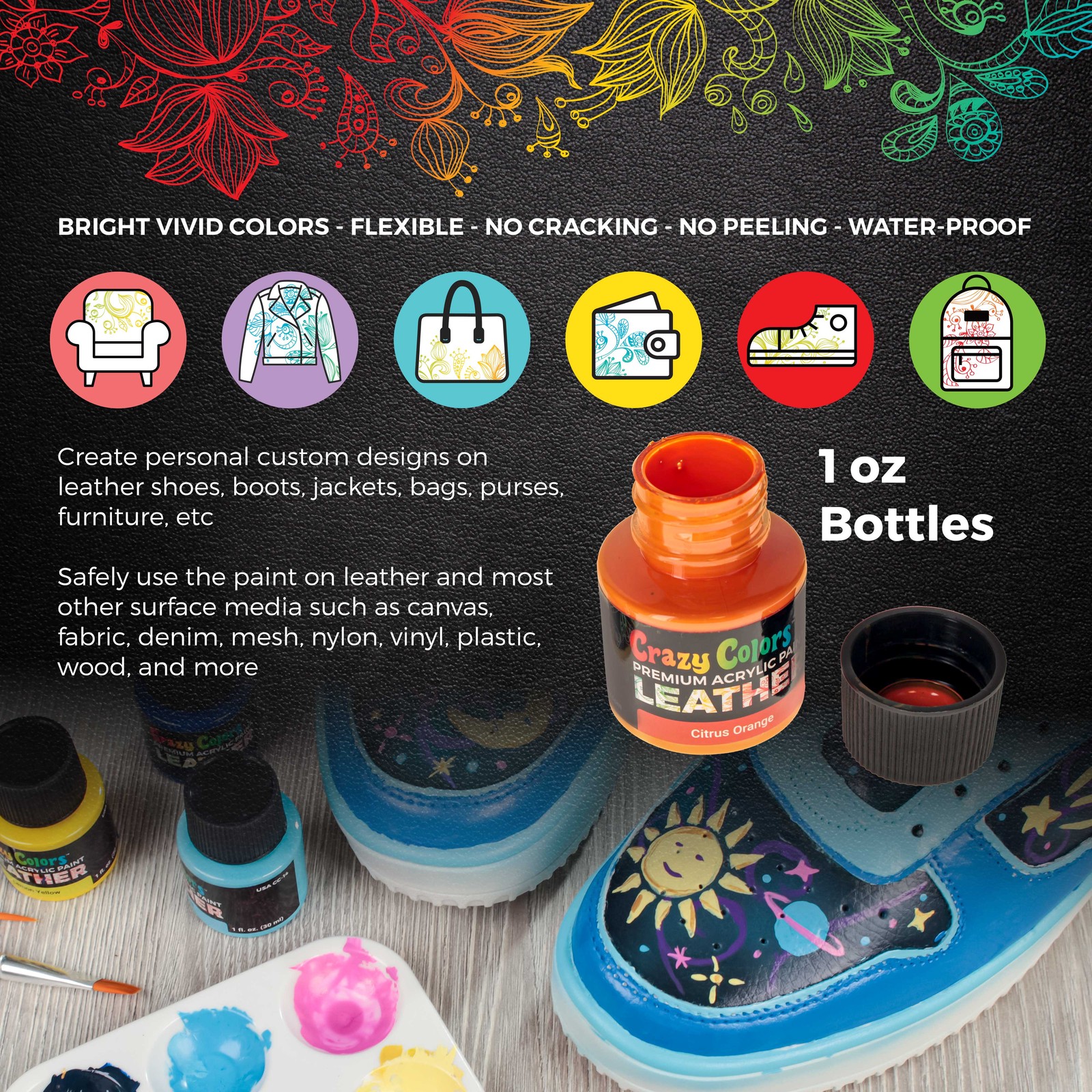 Acrylic Leather and Shoe Paint Kit, 13 Colors Set, 1 oz Bottles – Sneakers, Bags