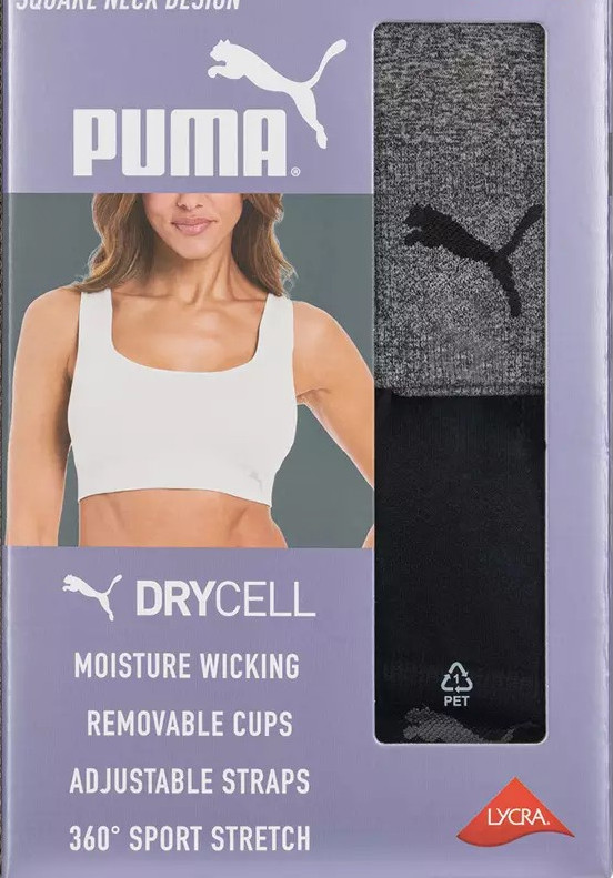 Puma Women’s 2-Pack Square Neck Seamless Sports Bra, Black/Gray, Size M