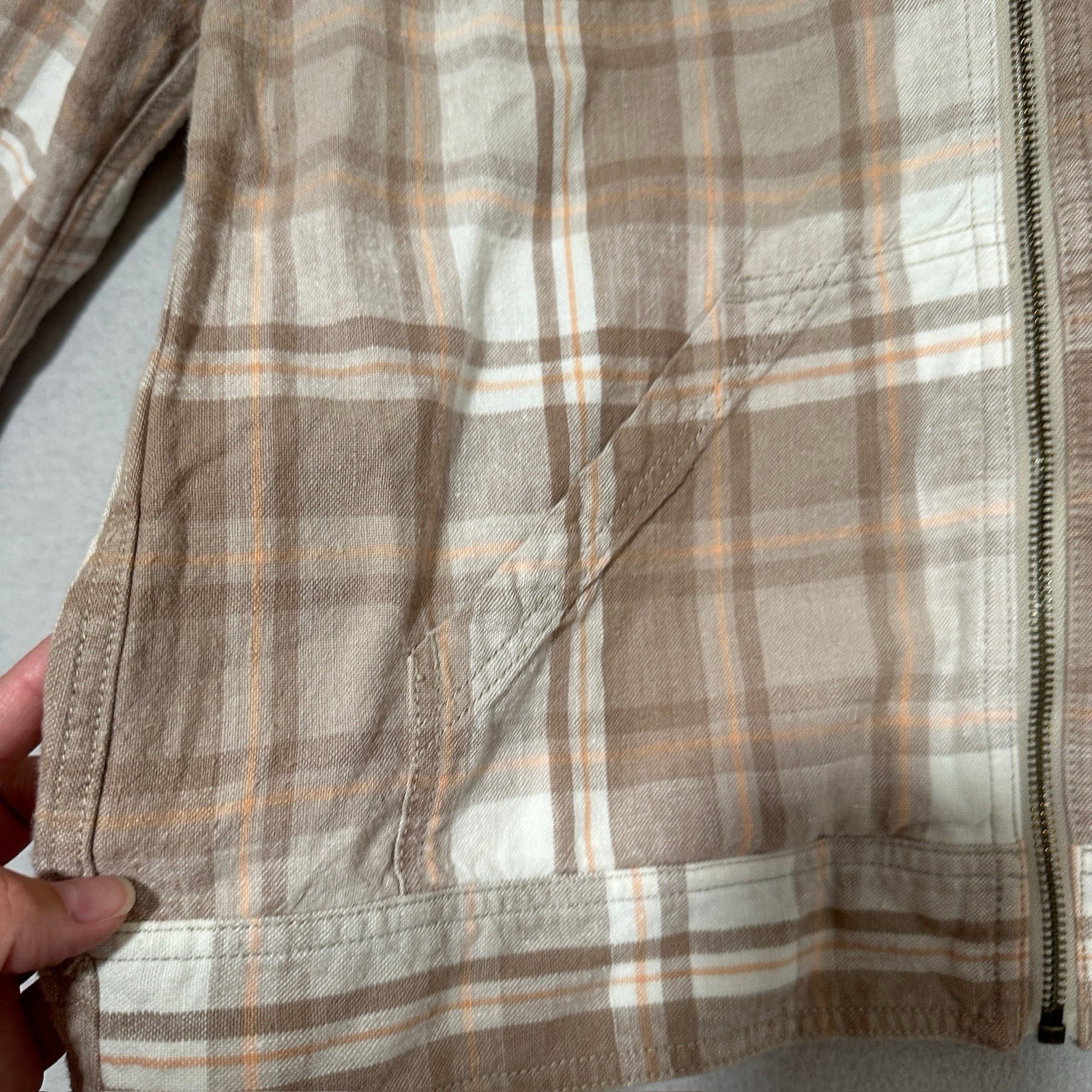Eddie Bauer Women’s Plaid Hooded 100% Linen Full Zip Jacket Beige/White Large