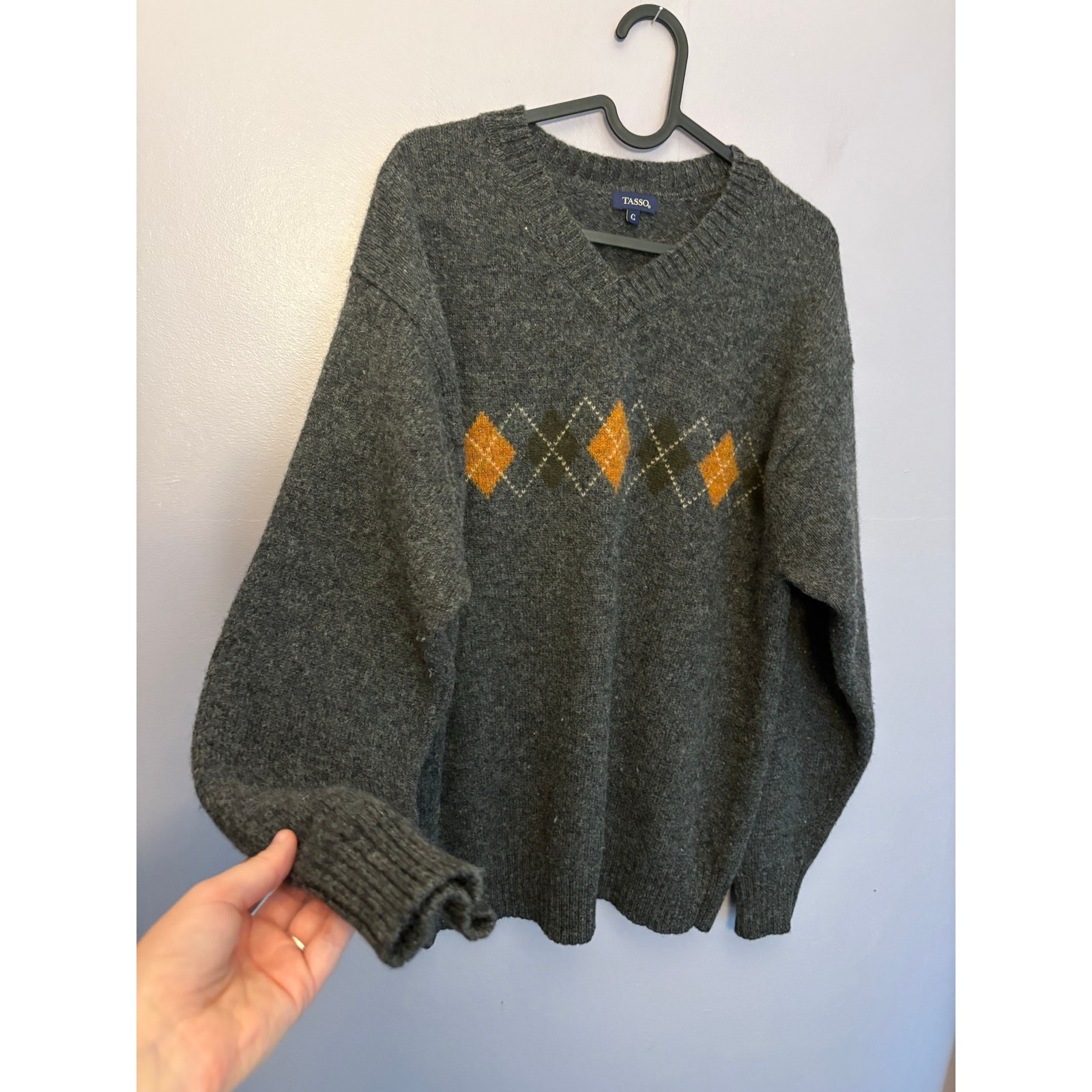 Vintage Tasso 100% Wool Argyle Sweater European Large Charcoal Grey Orange