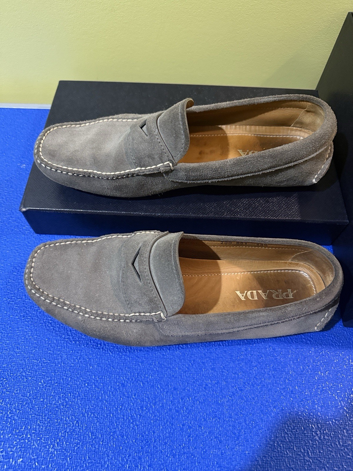 PRADA Men’s Gray Suede Slip-On Loafers Square Toe Logo US 10.5