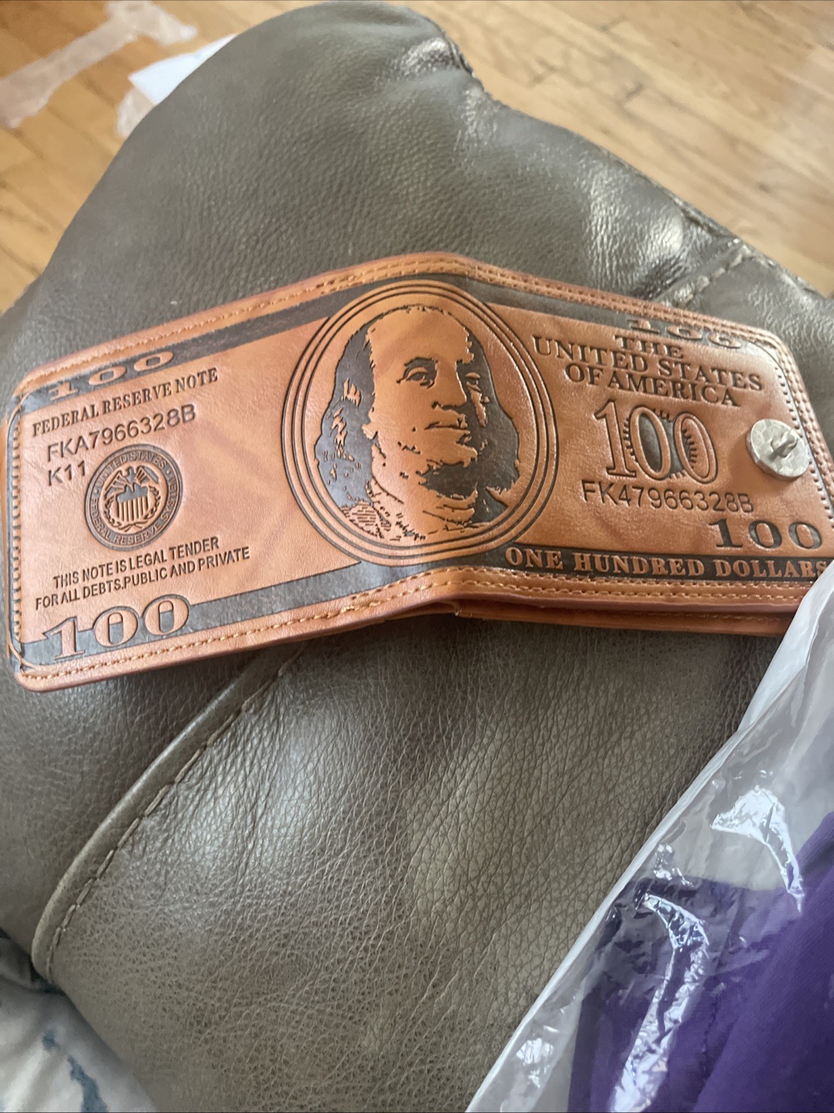 Mens Novelty $100 Bill Wallet Tan Faux Leather Bi Fold Snap Closure