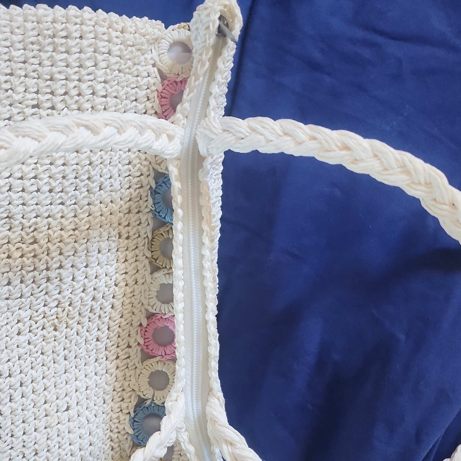 Women’s Crochet Tote Bag Lined Zip Closure Double Handles Solid White Multi
