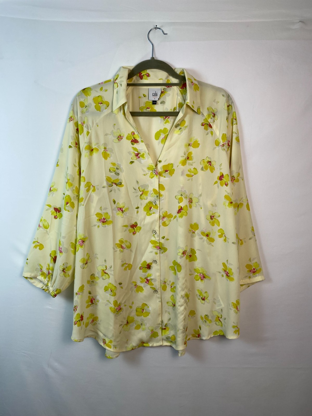 CAbi Go To Blouse Spring Yellow Floral Style #6294 Sz L Classic Coastal Corpgore