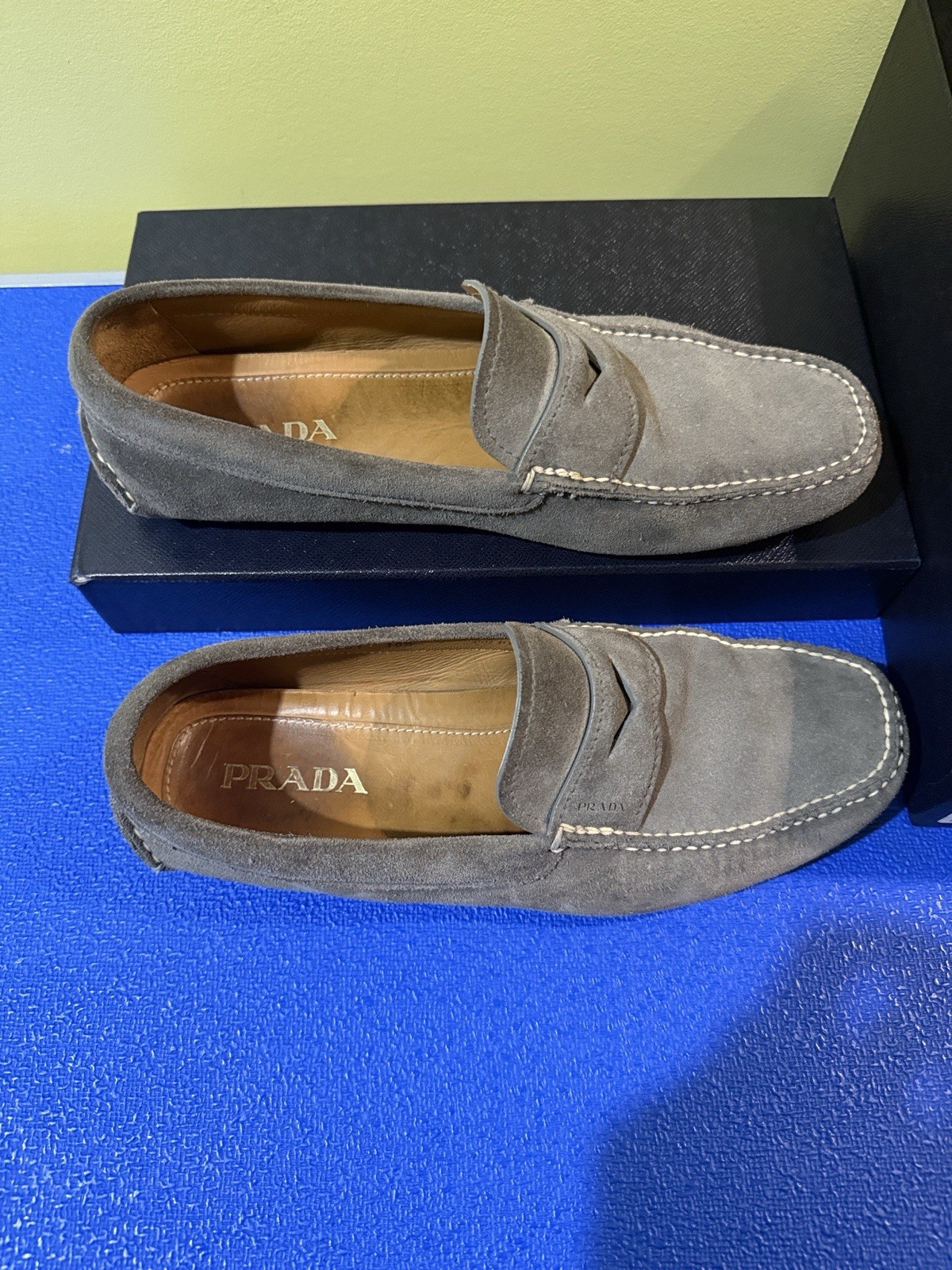 PRADA Men’s Gray Suede Slip-On Loafers Square Toe Logo US 10.5