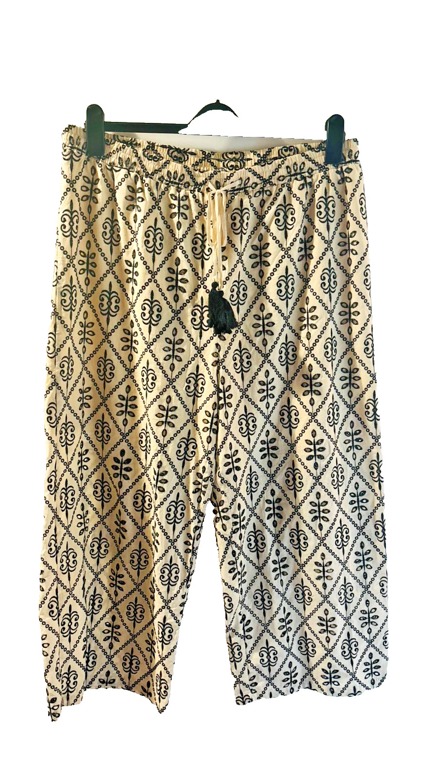 Primark 100% Cotton Embroidered Beige and Black Wide Leg Trousers, Plus Size -20