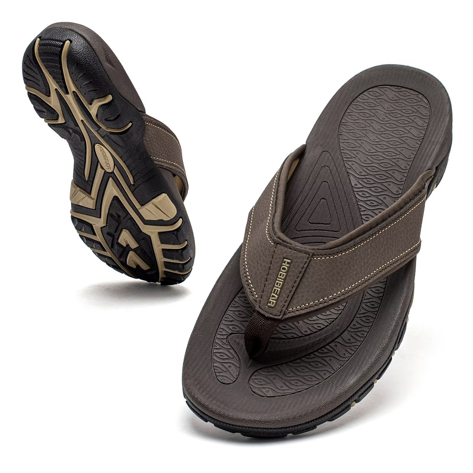 HOBIBEAR Mens Thong Sandals Arch Support Indoor Outdoor Beach Flip Flop Brown 81