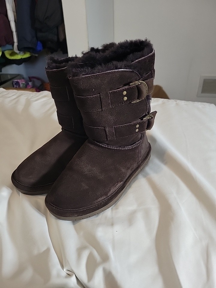 BEARPAW Women’s Brown Suede Faux Fur Lined Buckle Mid-Calf sz7 Snow Boots Size 8