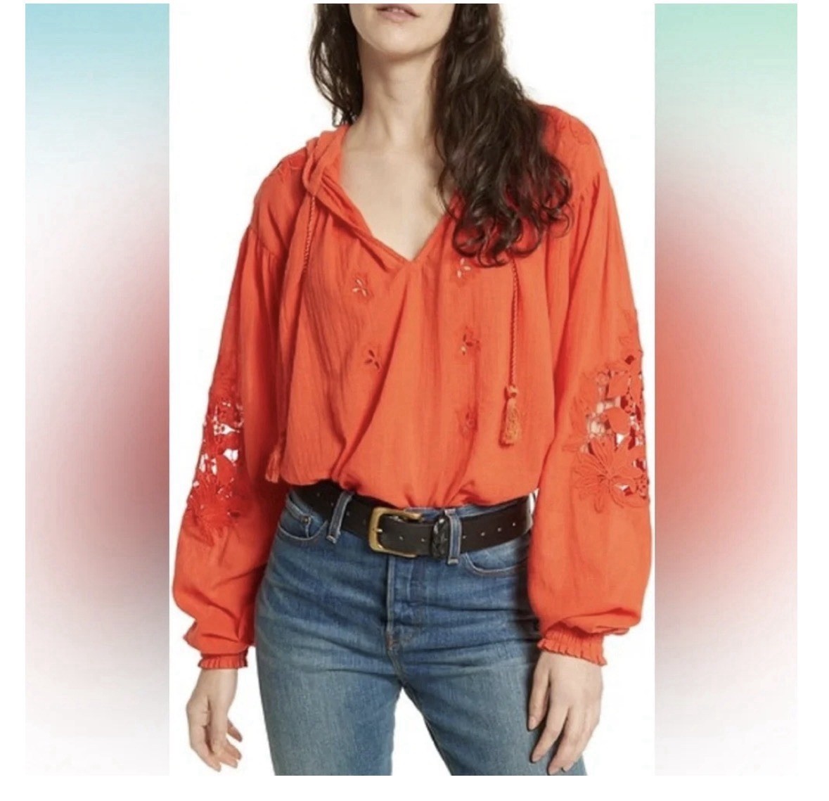 Free People Orange Knit Hoodie XS 100% Cotton V-Neck Hooded Cropped Tassel