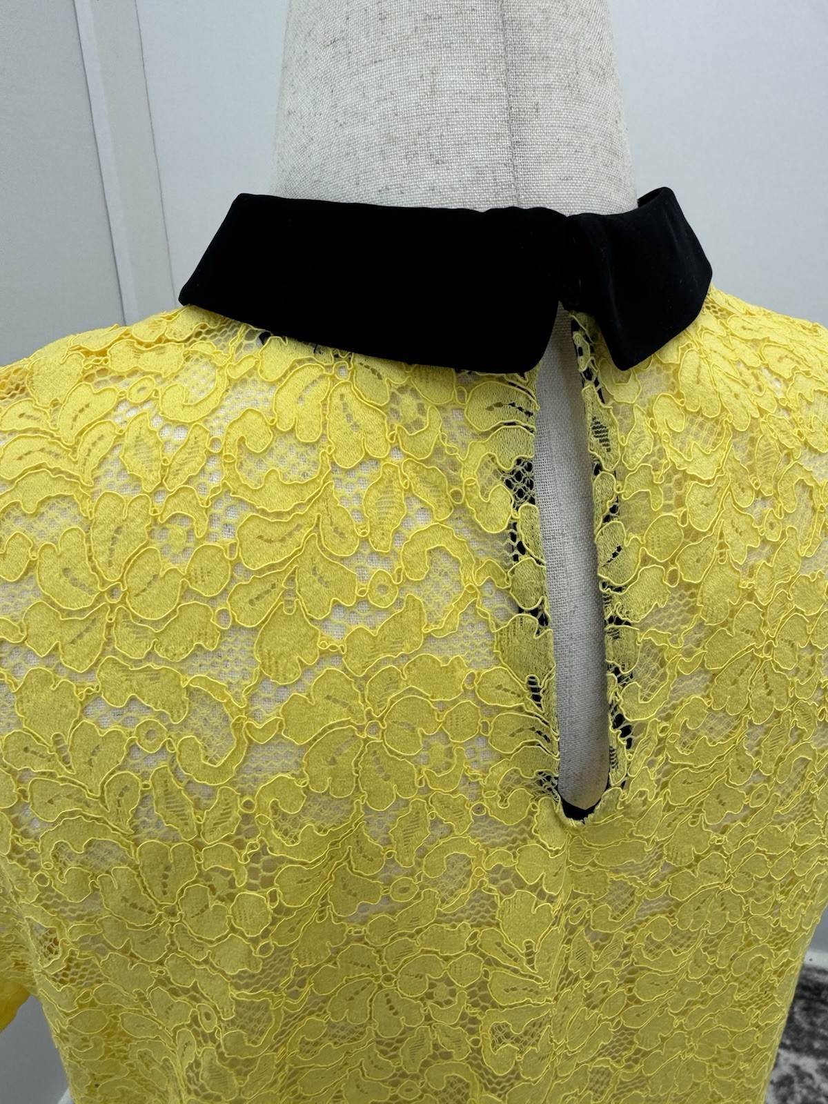 ZARA Vibrant Yellow Lace Shirt With Demure Black Peter Pan Collar Size XL