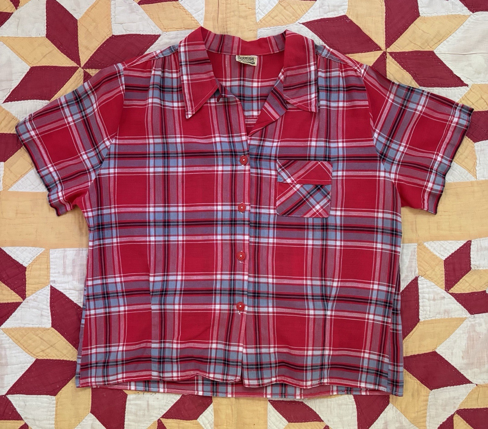 Vintage 40s 50s Bermuda Womens Plaid Open Collar Shirt Loop Collar Size 40