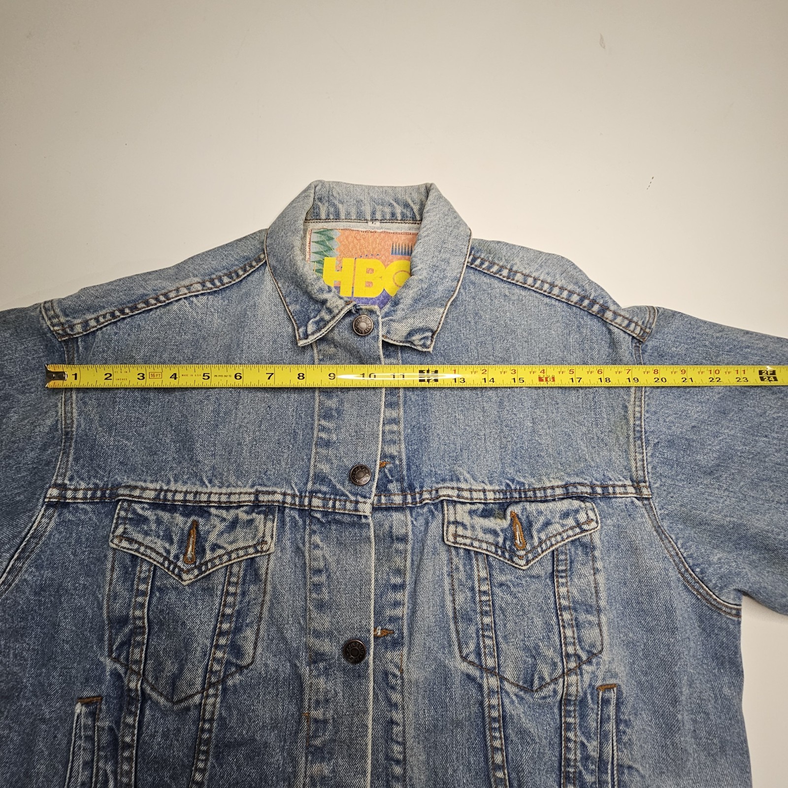 Vintage 80s 90s HBO Patchwork Jean Denim Jacket Med Pop Art Prime Time Short