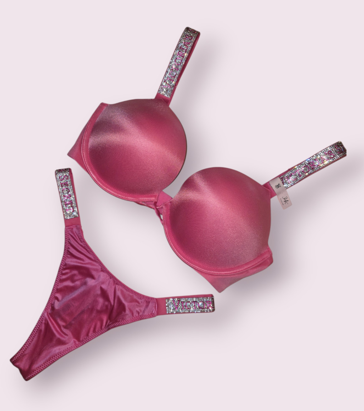Victoria’s Secret Shine Strap Bombshell Push Up Bra Thong Set Rose Garden NWT