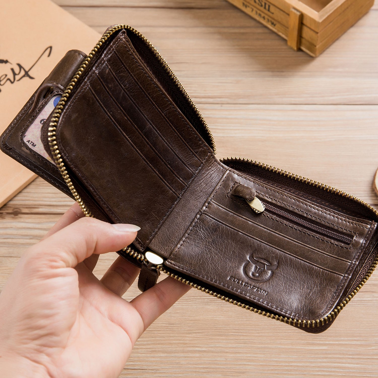 Mens Genuine Leather Bifold Wallet Around Zipper Credit ID RFID Card Holder US