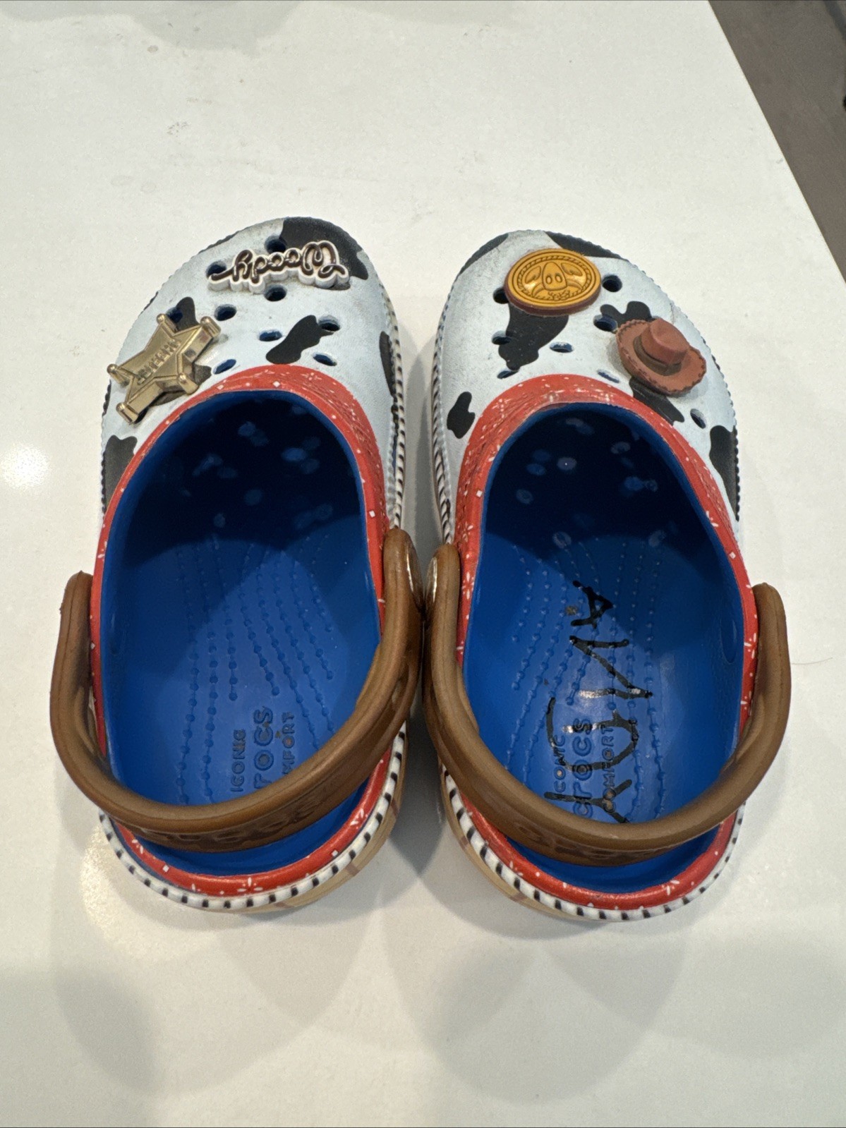 Disney Pixar, Toy Story Woody Cow Print Crocs, Size C9, Children’s, Toy Story 5