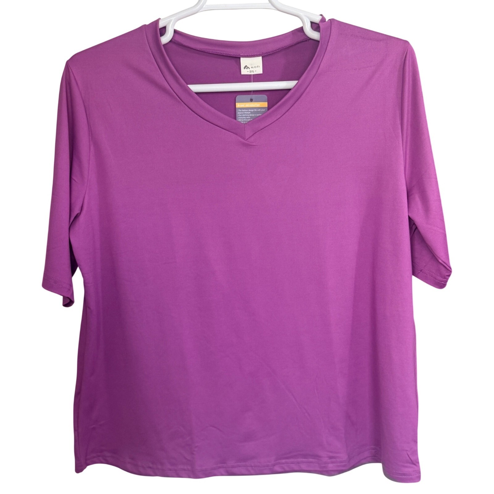 MISIFI Top Womens 2XL Purple Polyester Spandex V-Neck Short Sleeve Casual
