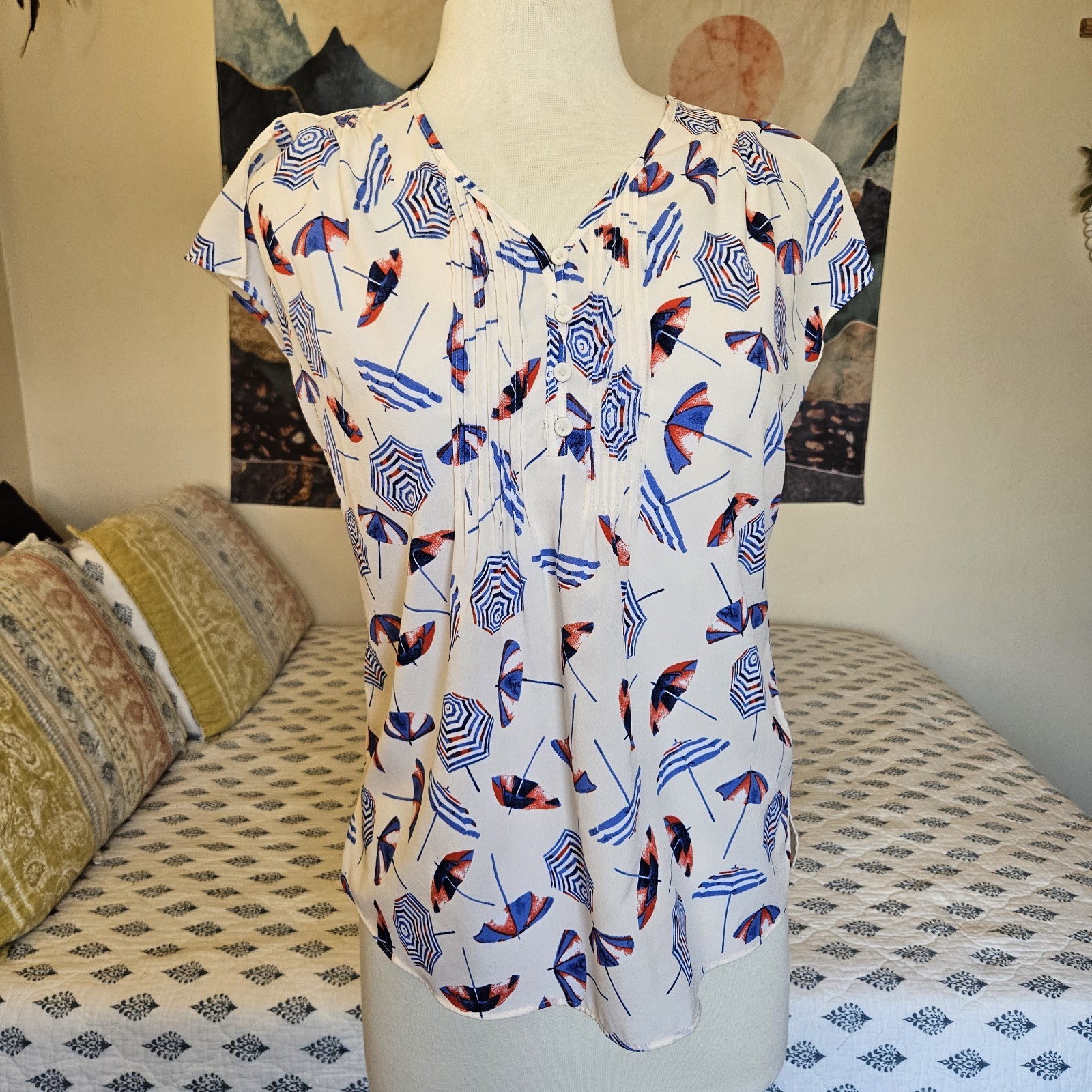 Talbots Petite PS Umbrella Print Blouse Cap Sleeve Nautical Beach Top Small