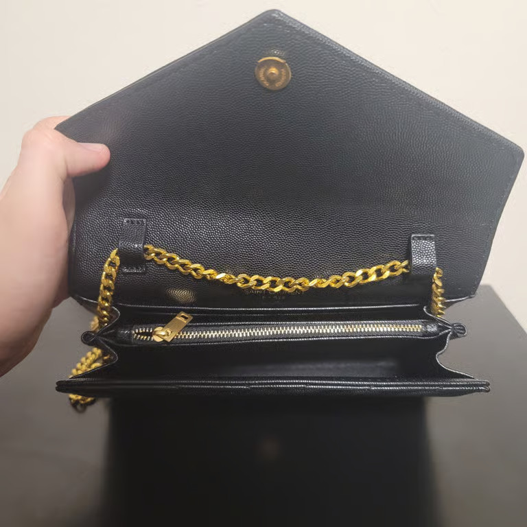 Saint Laurent YSL WOC Crossbody Bag Black Leather Gold Chain Strap