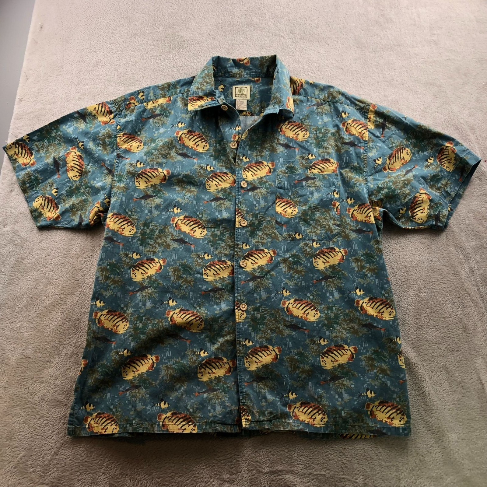 Morro Bay Mens Hawaiian Shirt Large Short Sleeve Beach Fish Print 100% Cotton