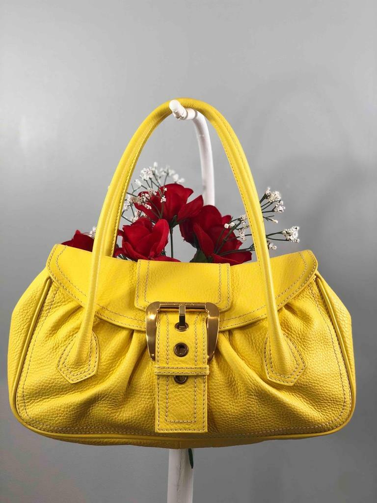 CELINE Italy Yellow Pebbled Leather Front Flap Magnetic Shoulder Bag