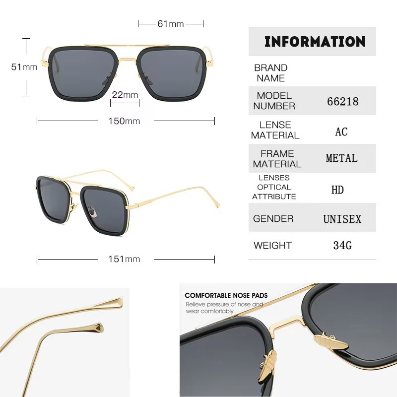 Retro Iron Man Sunglasses Tony Stark Glasses Square Metal Frame for Men Women