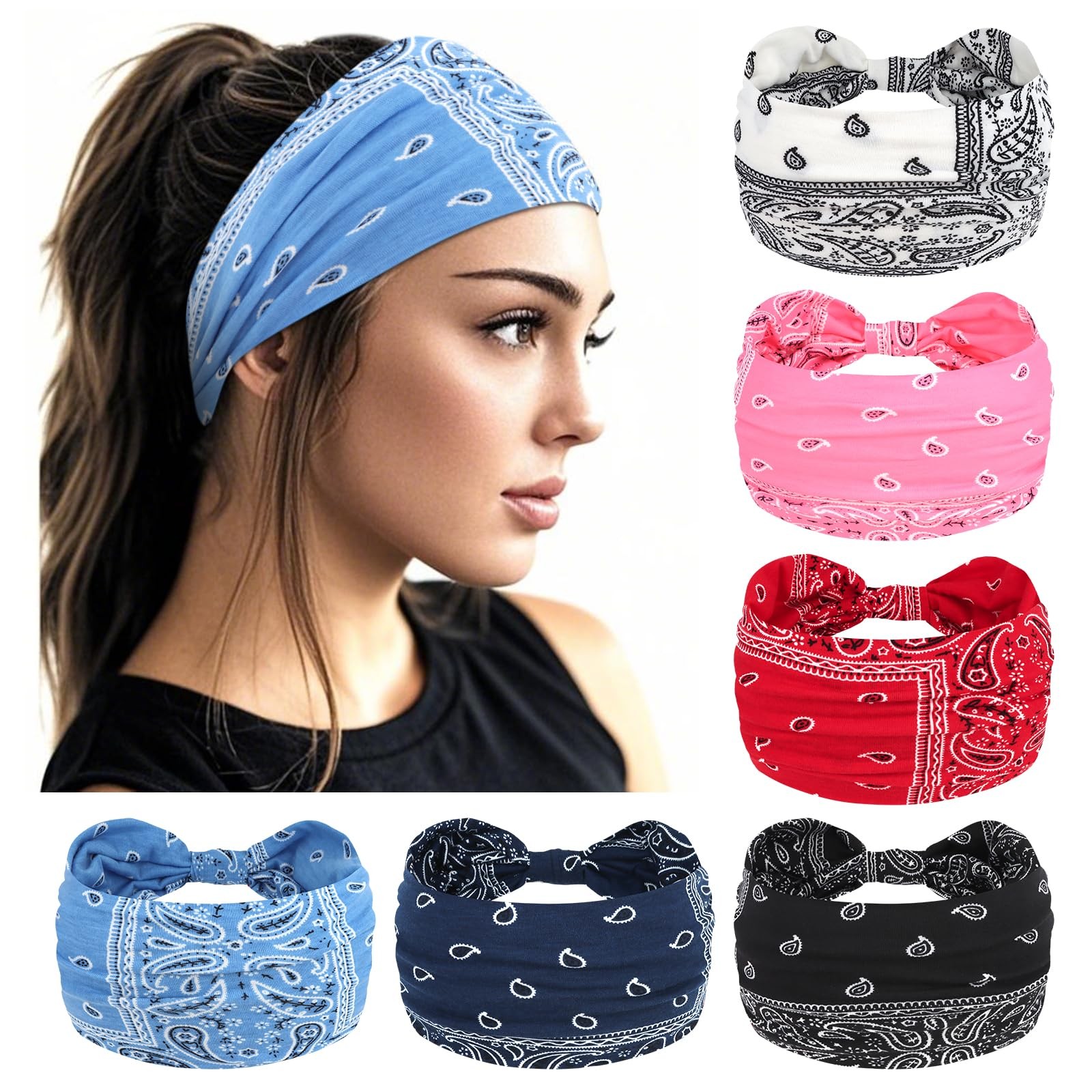 YARIEW Boho Wide Bandana Headbands 6Pack Stretch Elastic Headwraps for Women