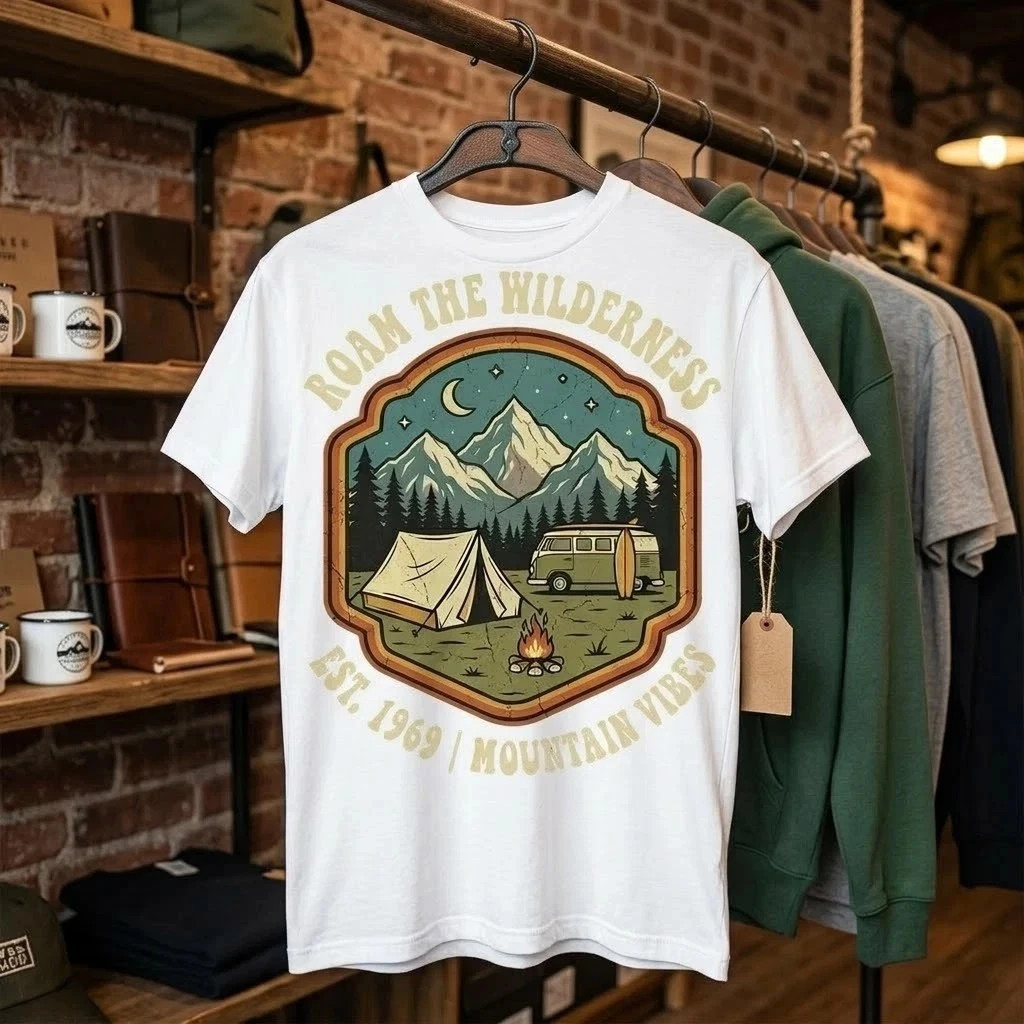 Roam The Wilderness T-Shirt Vintage 1969 Mountain Vibes Camping Hiking Graphic T